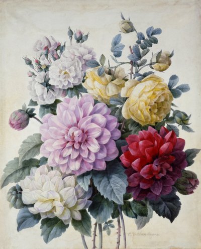 Blumenstrauß, Dahlien und Rosen, veröffentlicht ca. 1830-40 von Camille de Chantereine